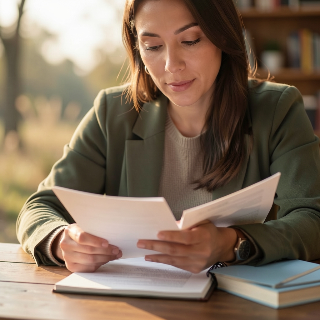 Editorial team member reviewing printed research notes and a notebook at a wooden desk in warm natural light