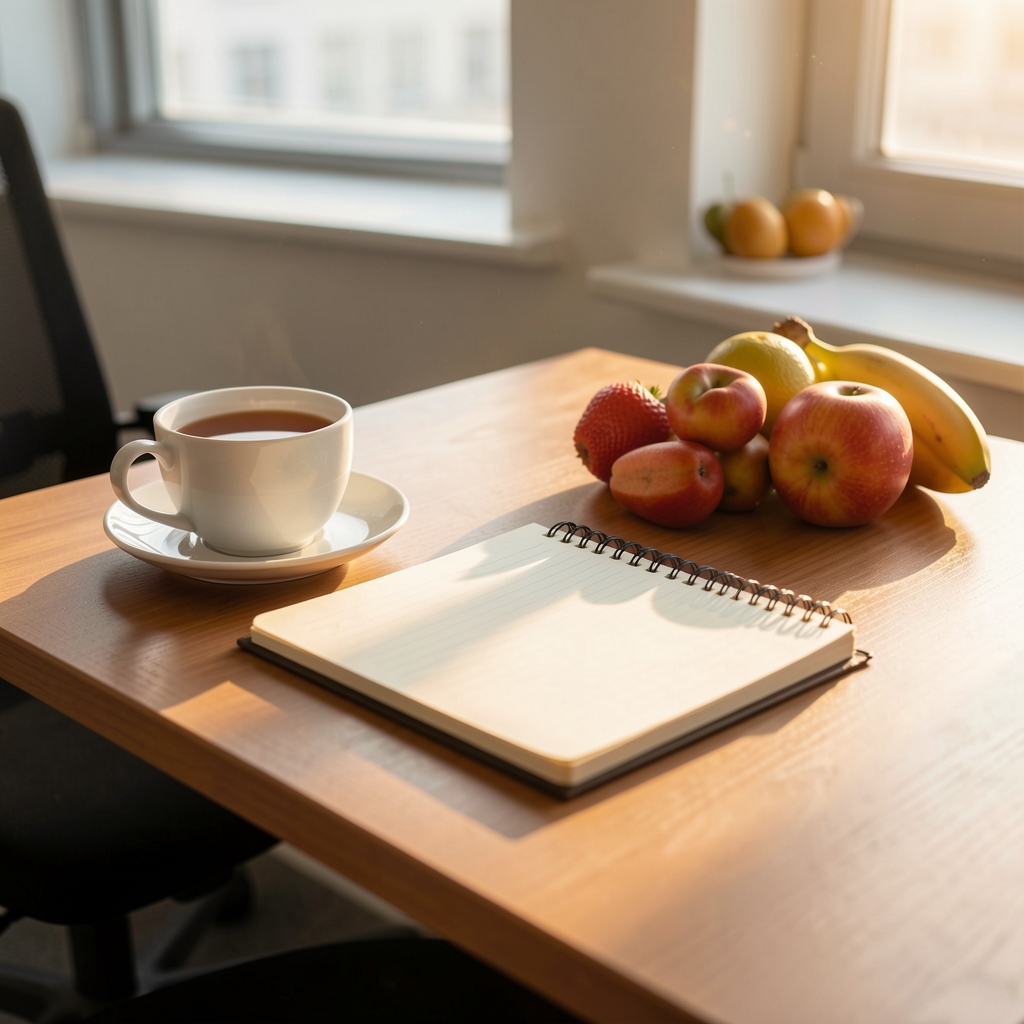 Quiet office desk with tea, fruit and afternoon sunlight across a notebook — Krenvel editorial
