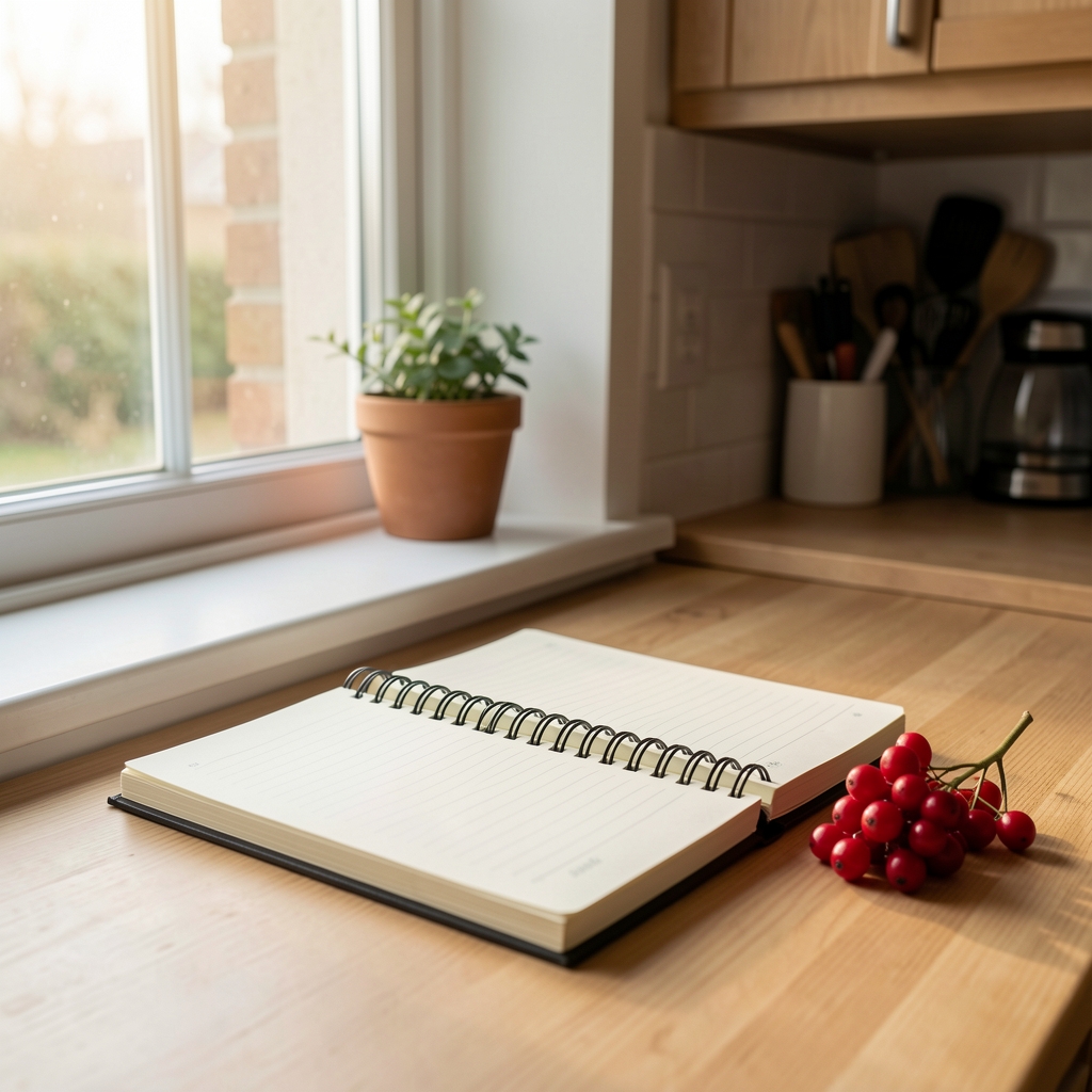Research notebook and red berries beside a softly lit kitchen window — Krenvel editorial