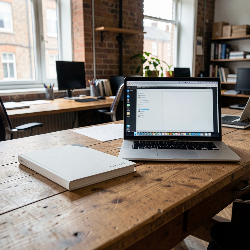 Two editorial notebooks and a laptop on a wooden desk in a Manchester workspace — Krenvel editorial