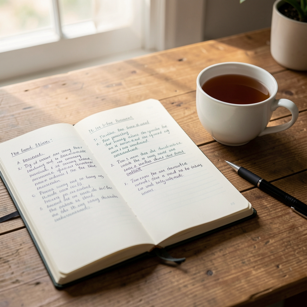 Open notebook with handwritten research notes beside a cup of tea on a wooden desk in soft morning light