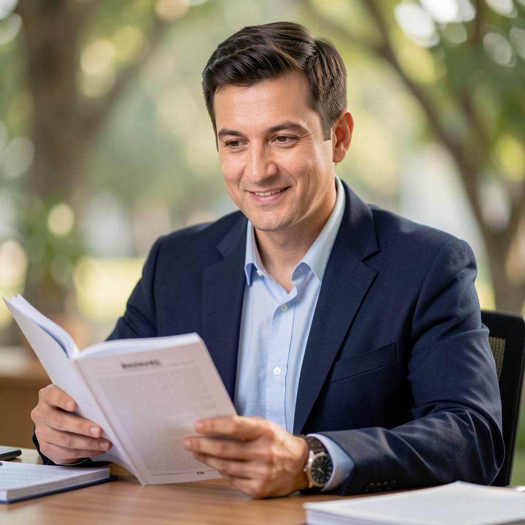 Portrait of a Krenvel research editor reading reference material at a desk