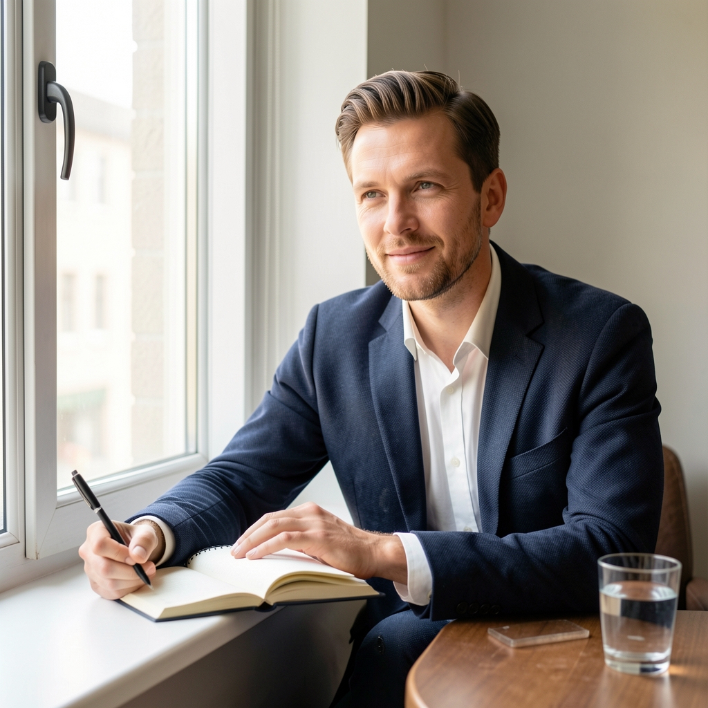 Man resting beside a bright window with a notebook and glass of water — Krenvel editorial