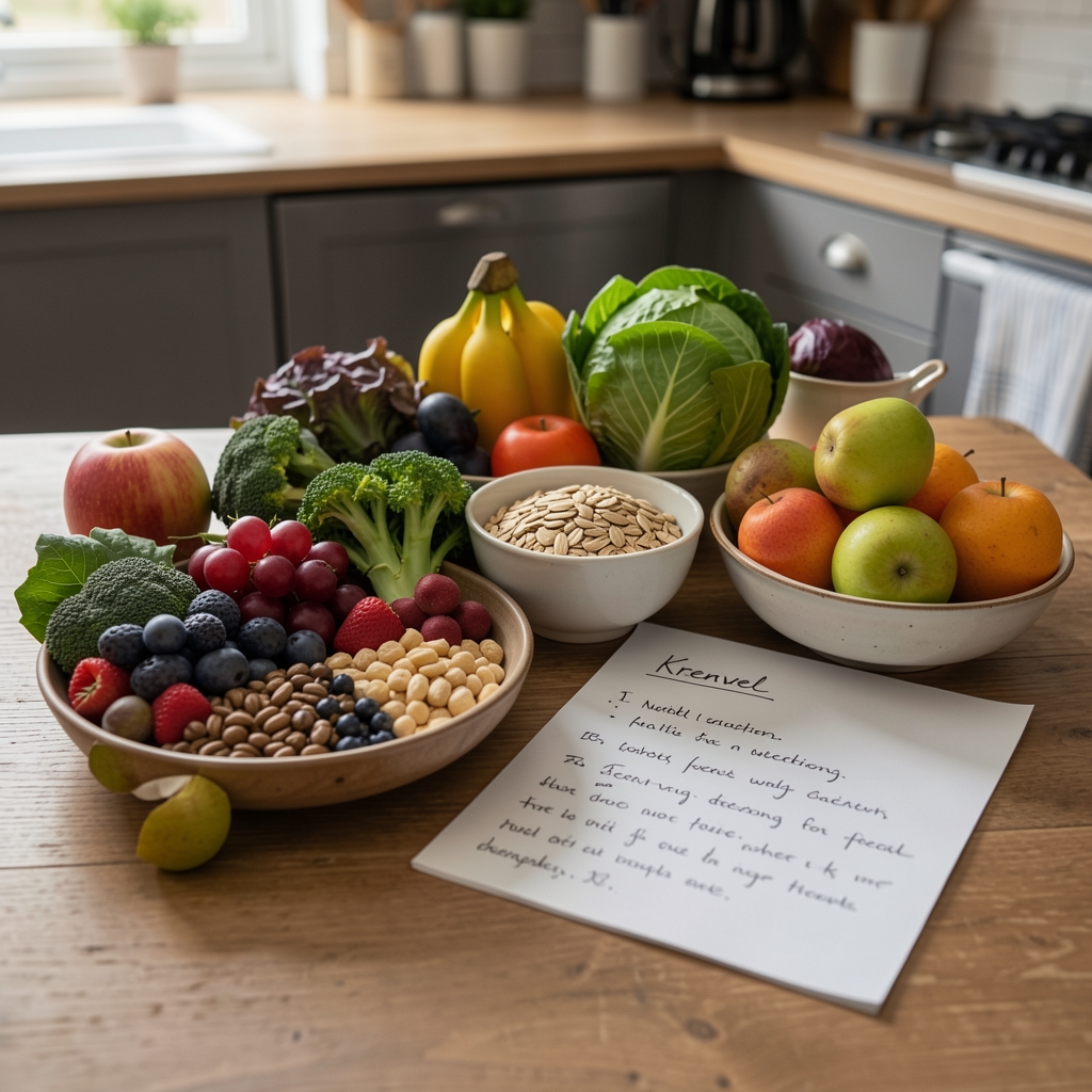 Colourful whole foods arranged beside handwritten nutrition notes on a kitchen table — Krenvel editorial